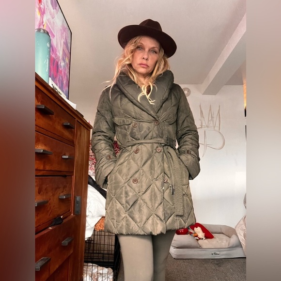 Add Down Women's khaki Pillow Collar puffy  Belted Jacket Medium - Picture 5 of 12